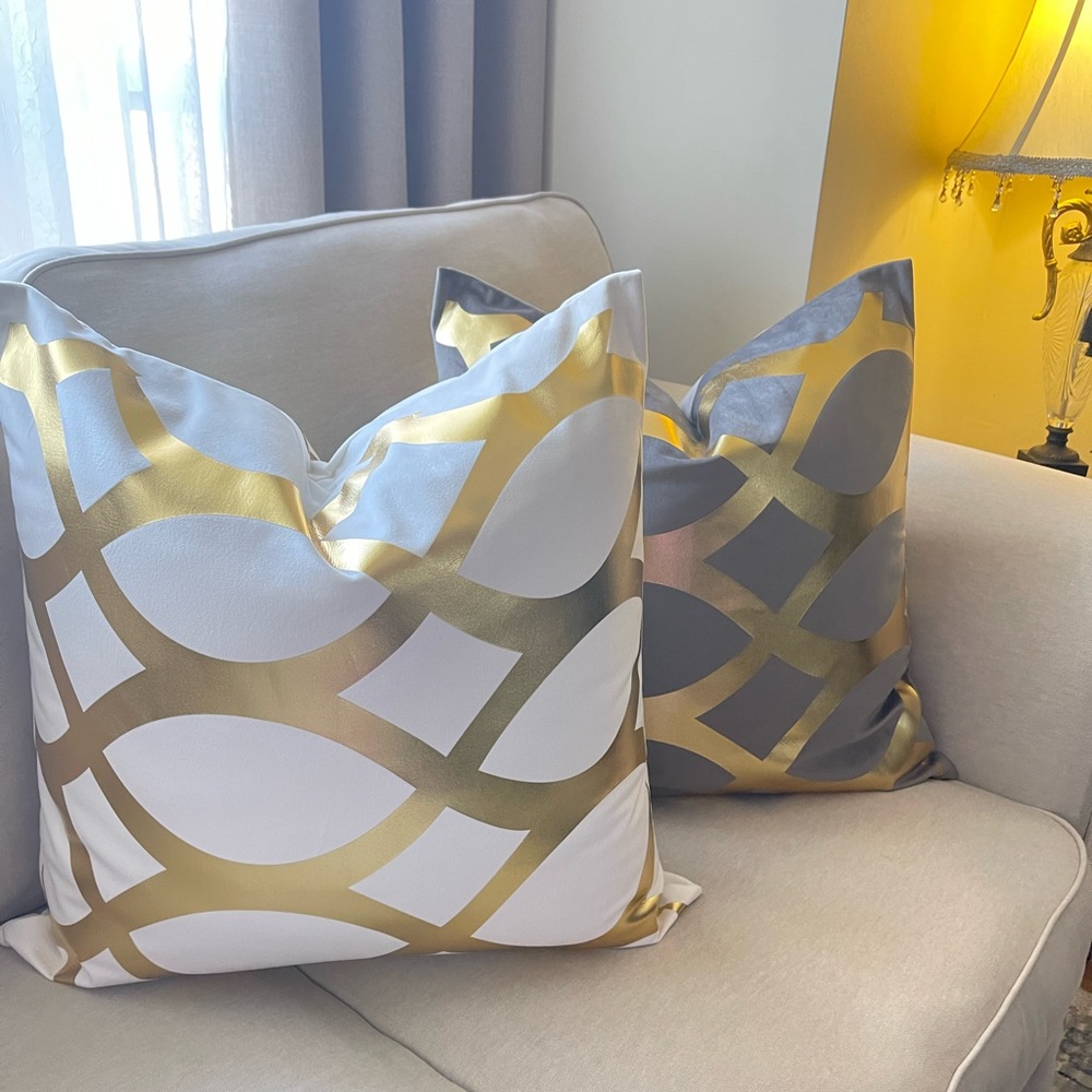 Two Luxury velvet  pillow grey,white, black with foil gold print Cover - Picture 14 of 17
